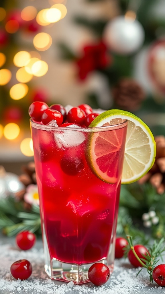 A festive vodka cranberry cocktail with ice, garnished with cranberries and lime on a holiday-themed table.